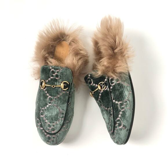 Gucci Princetown Horsebit Monogram Fur Avio Dusty Pink Velvet Slip On Mules 38.5 - Picture 2 of 10